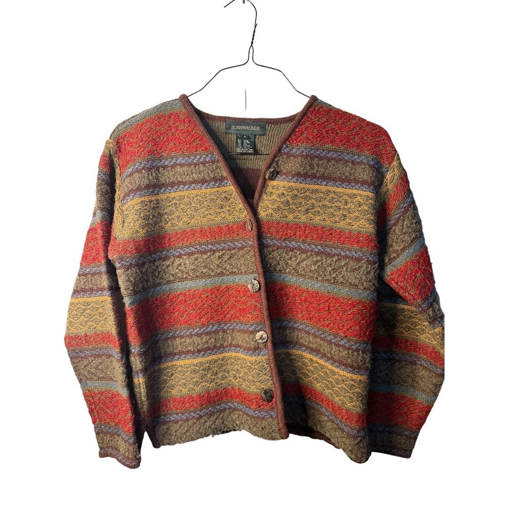 VTG Bushwacker Women Small Wool Blend Knit Cardigan Hippie Striped Autumn Boho‎